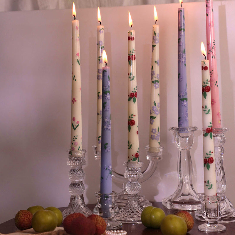 25cm Printed Long-Stem Candles - European-Style, Romantic for Candlelit Dinners, Weddings, Festivals & Home Use, Smoke-Free