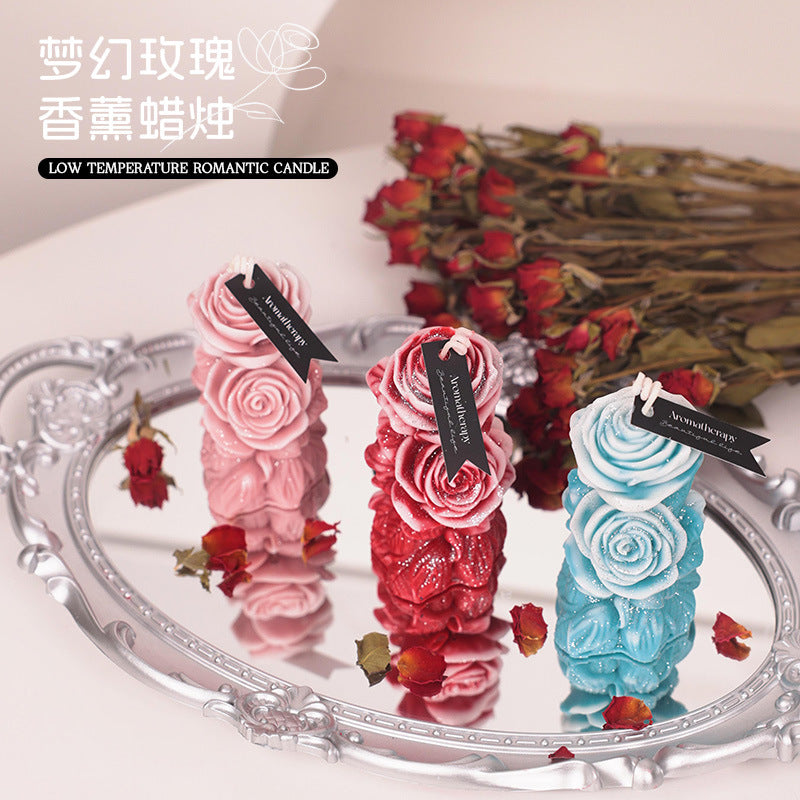 DIY Aromatherapy Candle: Dreamy Rose-patterned Low-Temperature Wax Column with Embossed Float Design