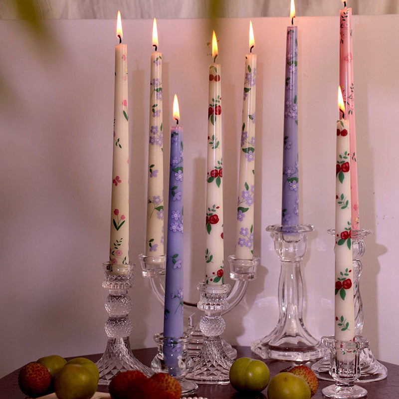 25cm Printed Long-Stem Candles - European-Style, Romantic for Candlelit Dinners, Weddings, Festivals & Home Use, Smoke-Free